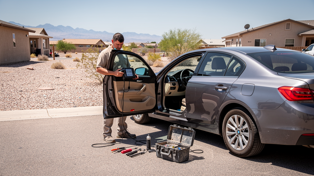 Automotive locksmith programming a car key beside a parked vehicle