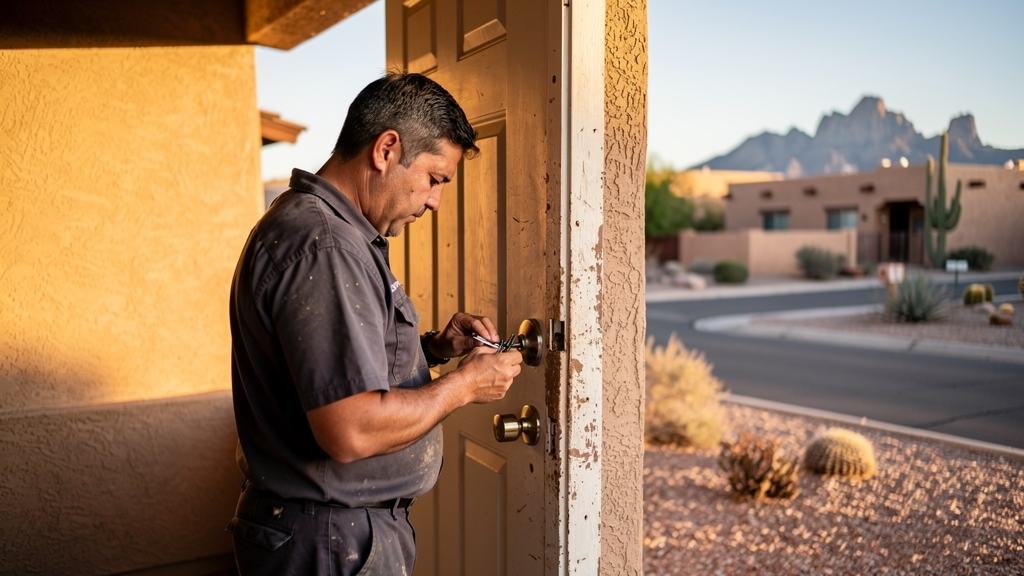 Locksmith working on a residential door lock in the Las Cruces desert region